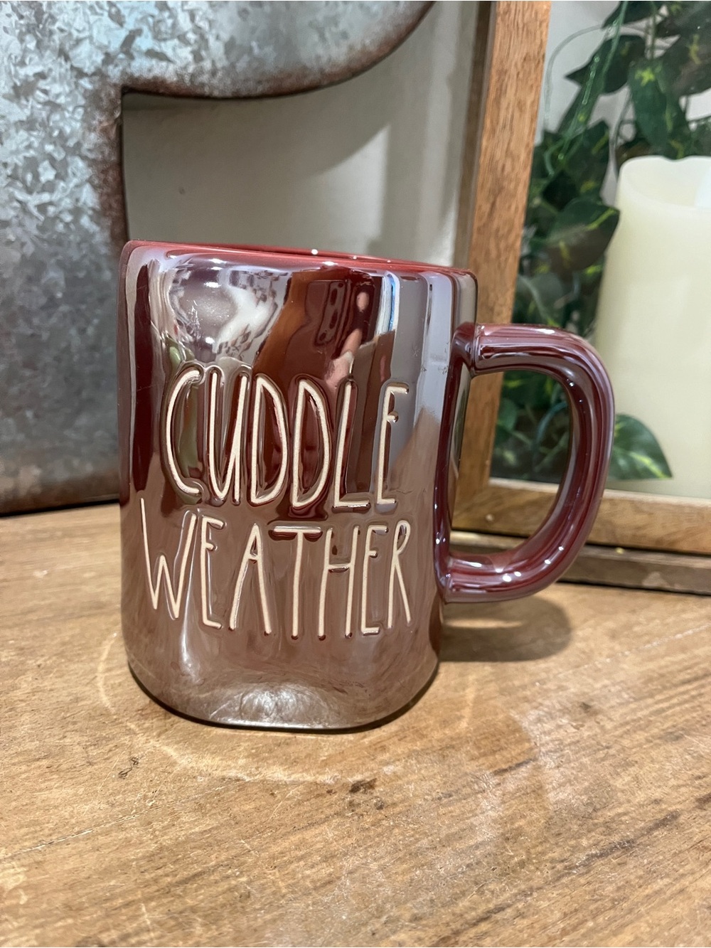 Rae Dunn CUDDLE WEATHER Mug - Burgundy Iridescent Gloss